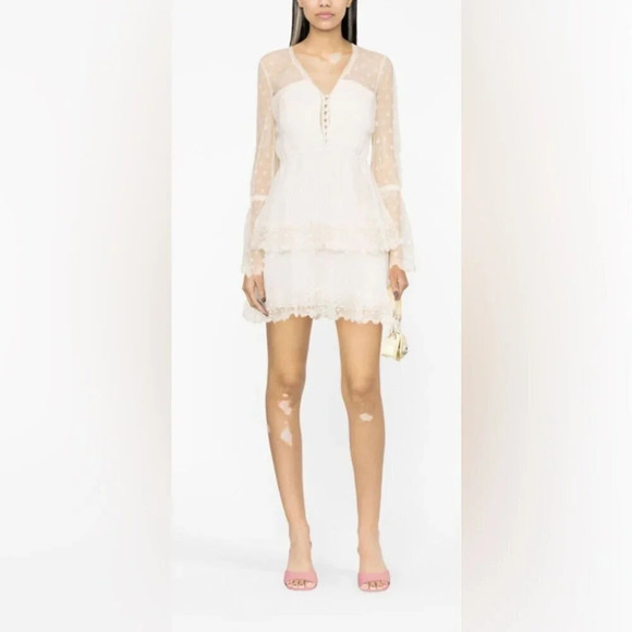 NEW Self-Portrait Chiffon Lace Tiered Mini Dress White Ivory | size UK 8 / US 4 - Picture 3 of 16